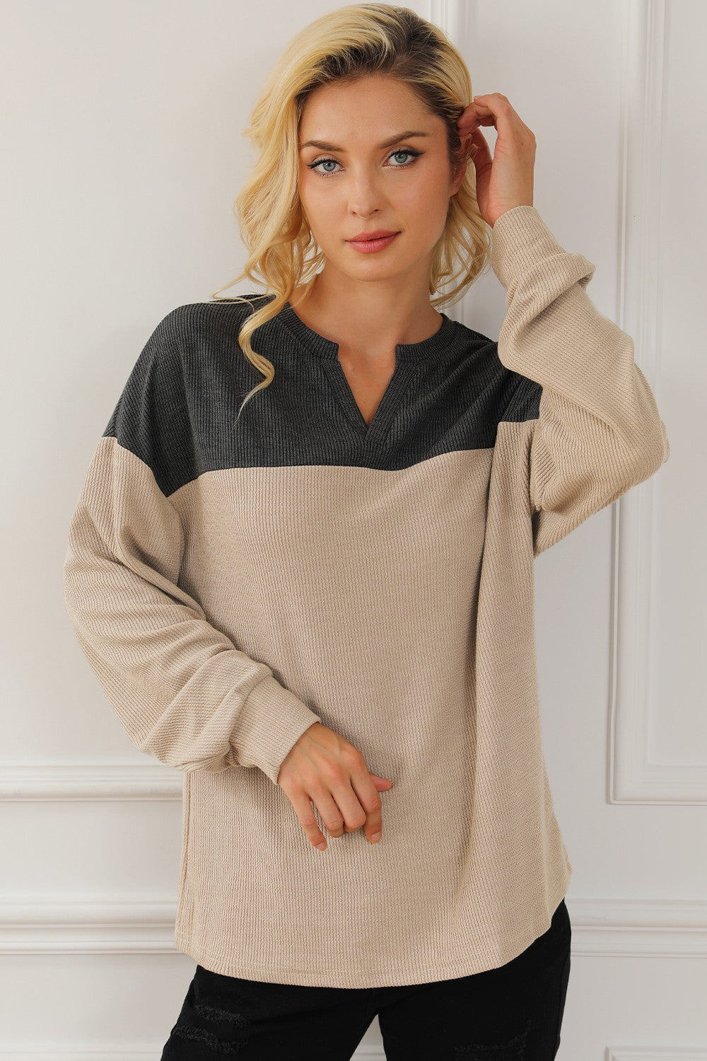 Color Block Notched Long Sleeve Sweatshirt 