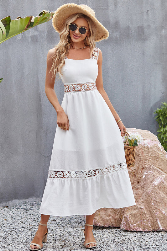 Flower Crochet Wide Strap Midi Dress 