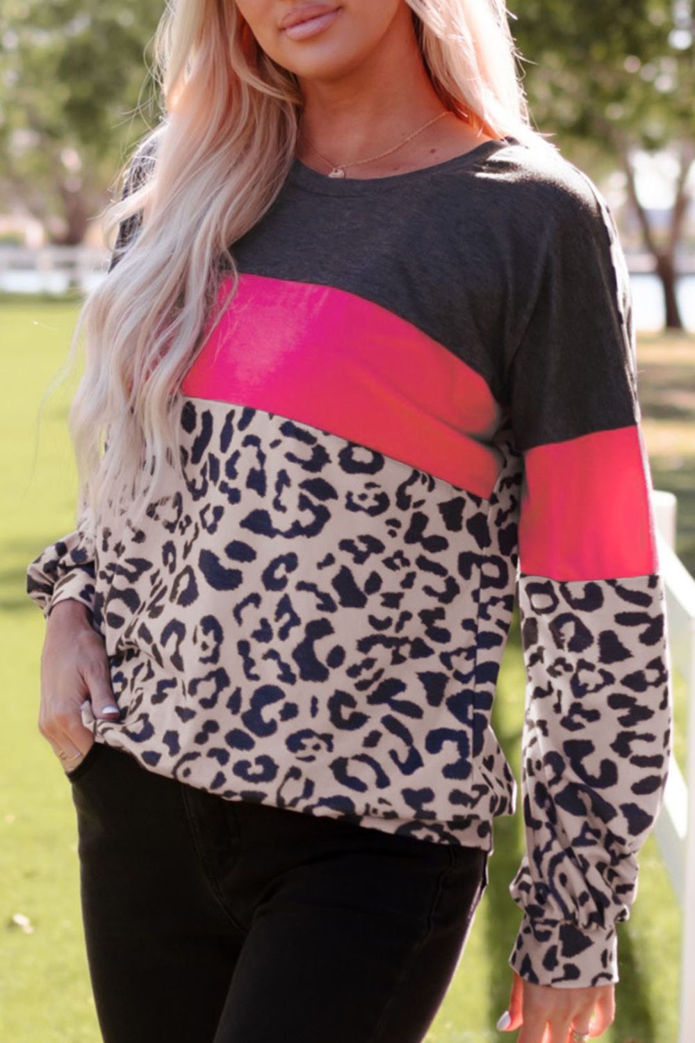 Leopard Print Color Block Long-Sleeve Top 