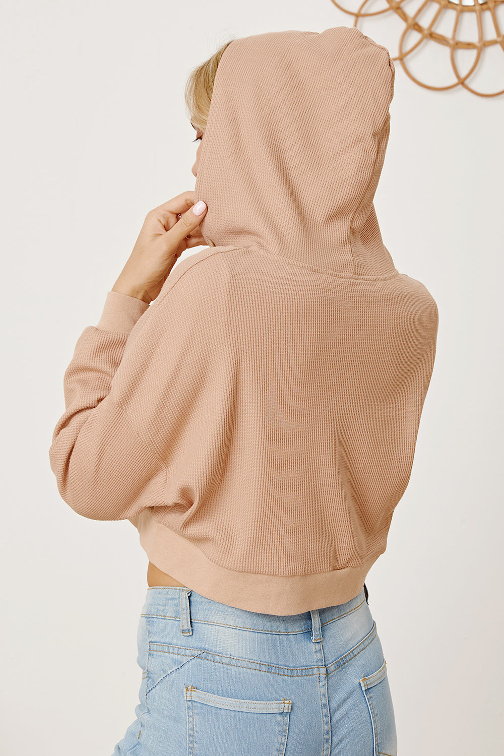 Waffle-Knit Drawstring Zip Up Hoodie 