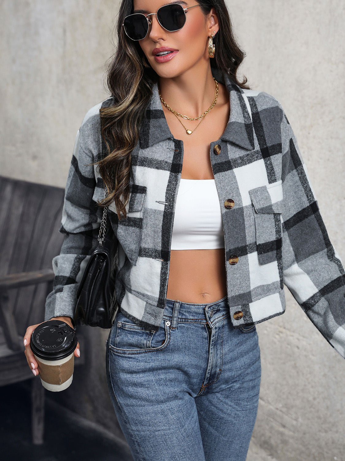 Plaid Button Up Drop Shoulder Cropped Jacket - Babbazon Jacket