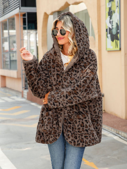 Leopard Hooded Coat with Pockets 