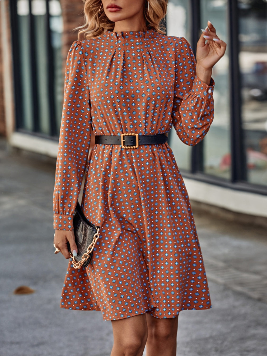 Printed Ruched Mock Neck Long Sleeve Dress 