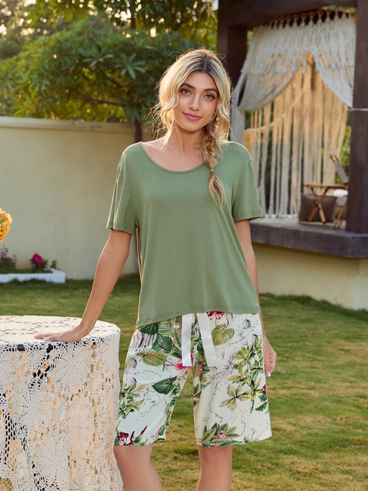 Short Sleeve Top and Printed Shorts Lounge Set 