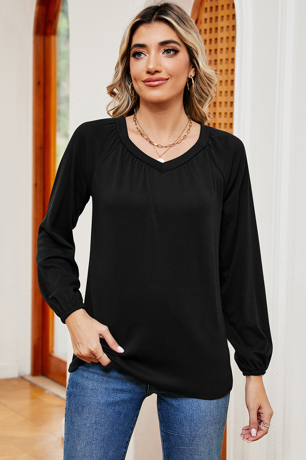 Ruched V-Neck Raglan Sleeve T-Shirt