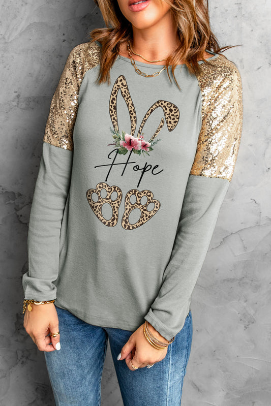 Leopard Sequin Round Neck Long Sleeve Top 