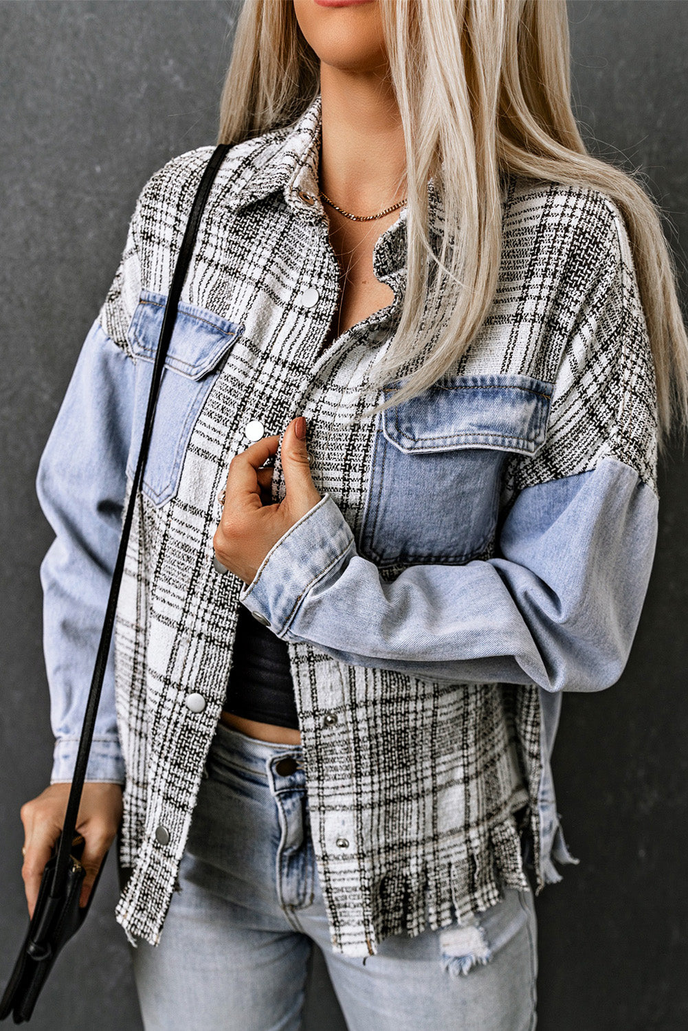 Plaid Pocketed Snap Down Denim Jacket 