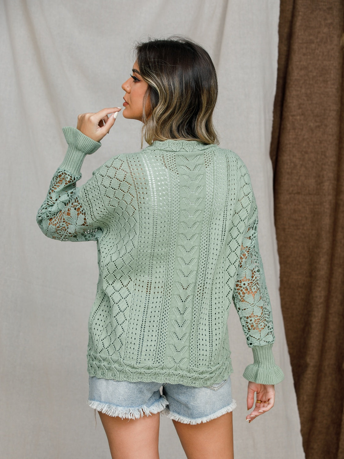 Eyelet Crochet Lantern Sleeve Sweater 