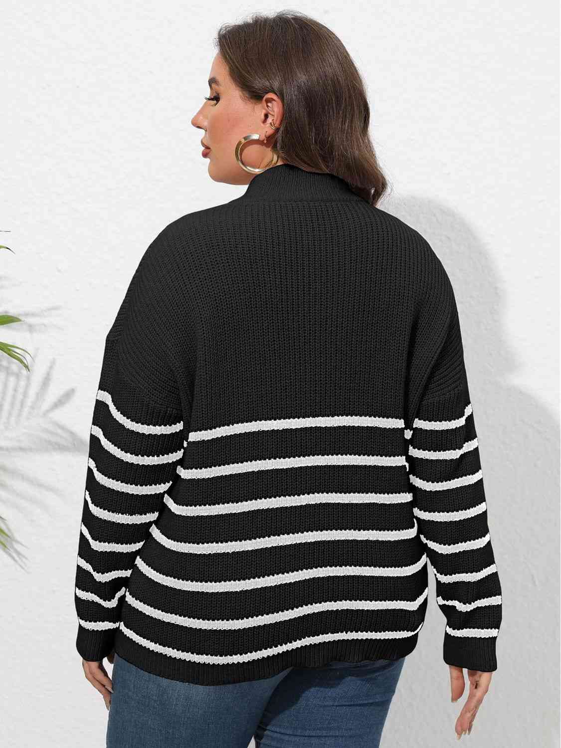 Plus Size Zip-Up Striped Sweater 