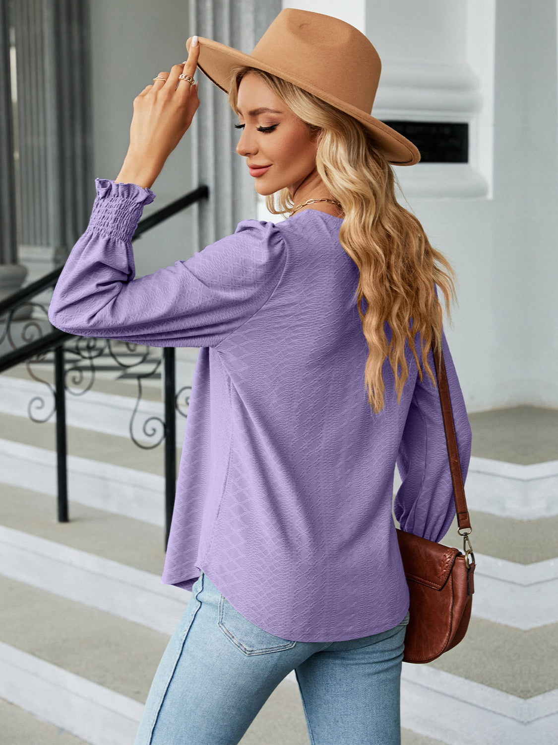 Ruched Square Neck Lantern Sleeve Blouse