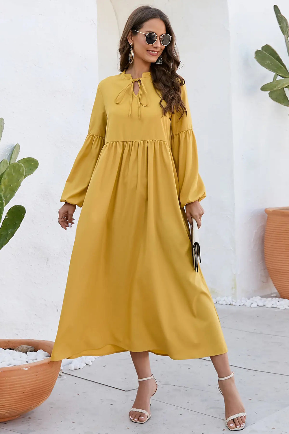 Ruched Tie Neck Balloon Sleeve Midi Dress 