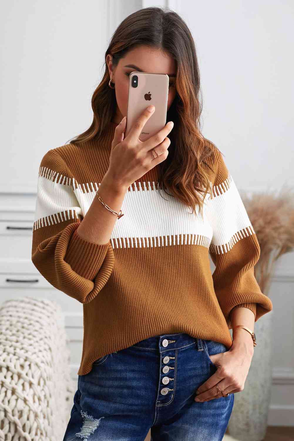 Color Block High Neck Lantern Sleeve Pullover Sweater 