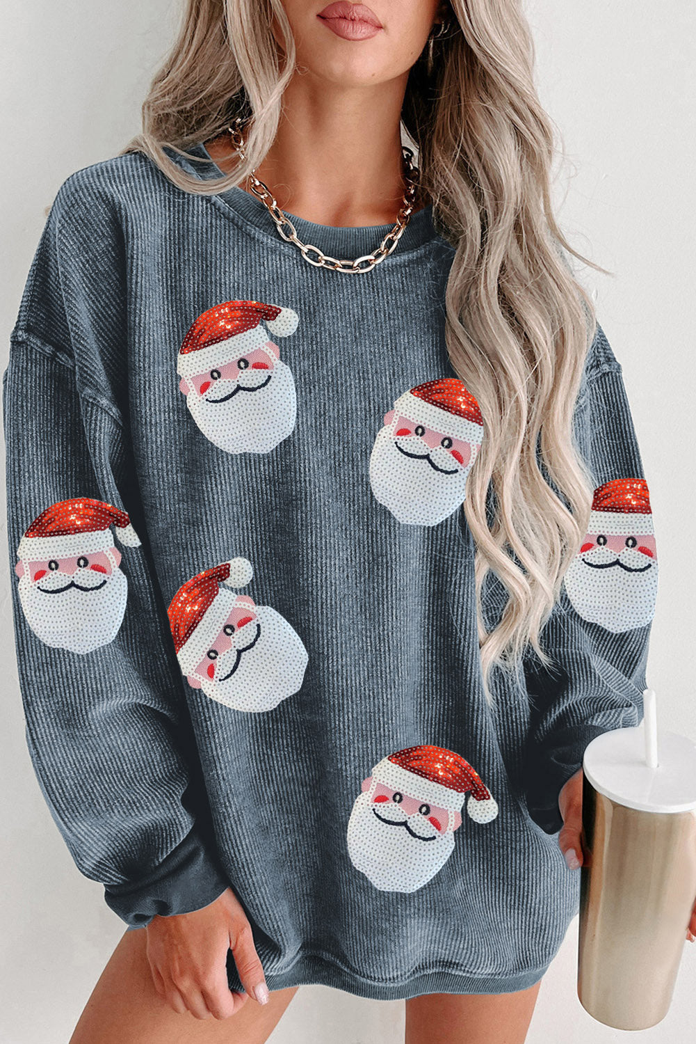 Sequin Santa Patch Ribbed Sweatshirt - Babbazon Sparkly Clothes