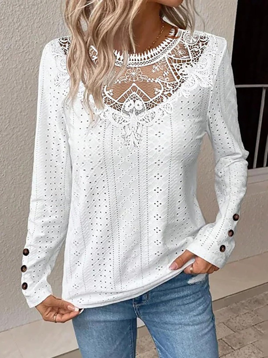 Eyelet Lace Detail Long Sleeve Blouse - Babbazon Women's Tops