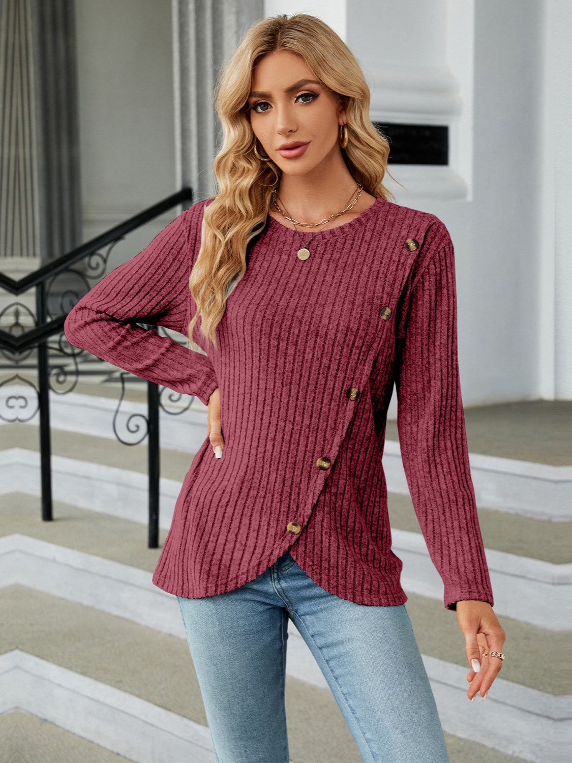 Round Neck Long Sleeve Blouse