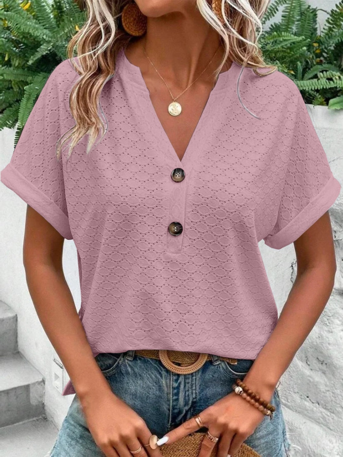 Eyelet Notched Short Sleeve Blouse