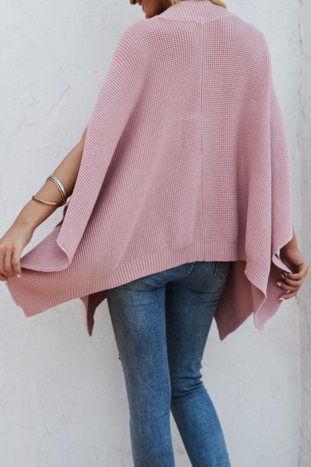 Waffle-Knit Pocketed Cape Sleeve Sweater