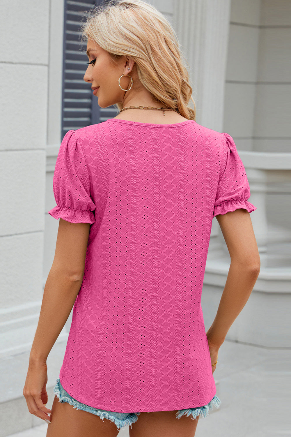 Eyelet Round Neck Flounce Sleeve T-Shirt 