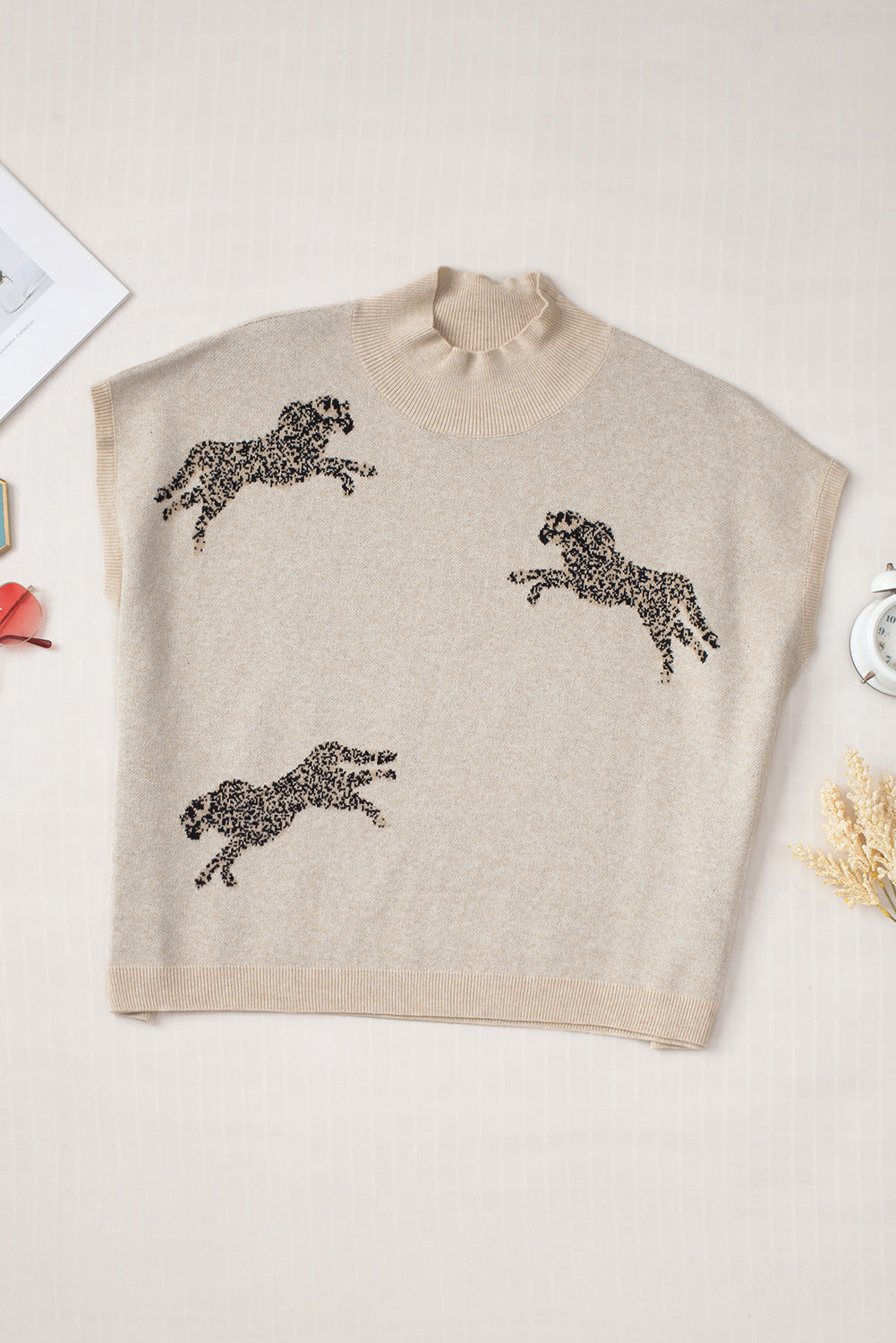 Animal Graphic Mock Neck Cap Sleeve Sweater 