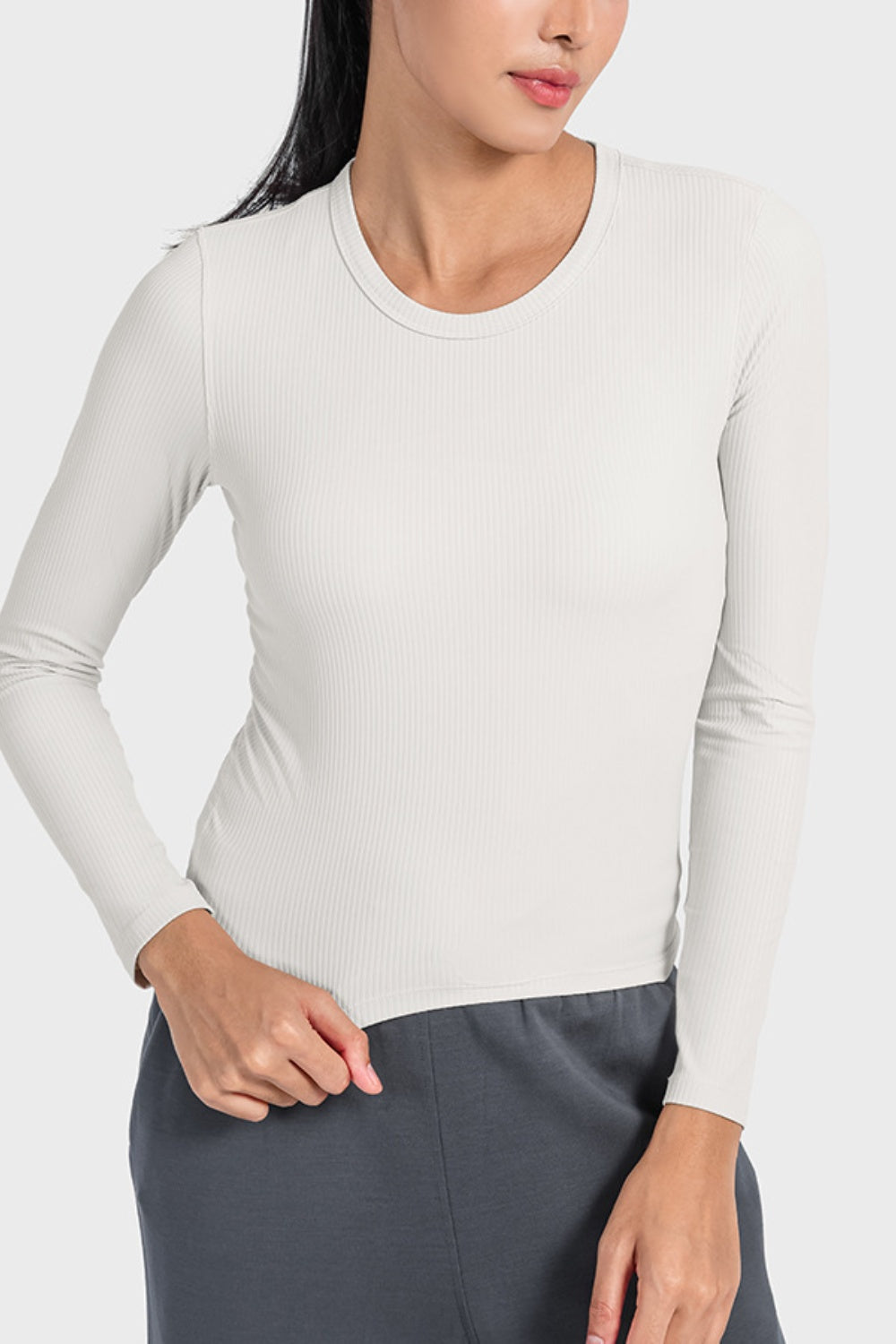 Round Neck Long Sleeve Sports Top - Babbazon Tops