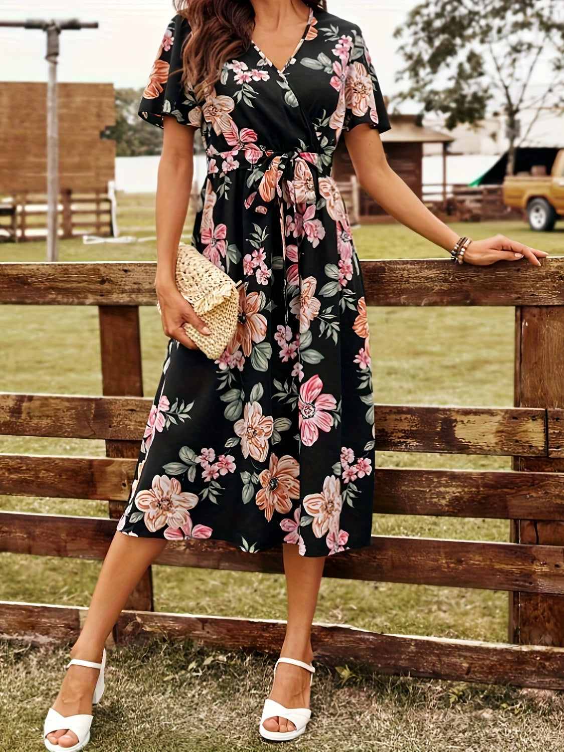 Tied Floral Surplice Short Sleeve Dress 