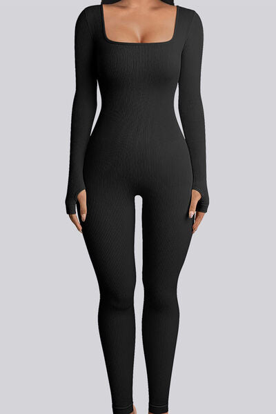 Square Neck Long Sleeve Active Jumpsuit 