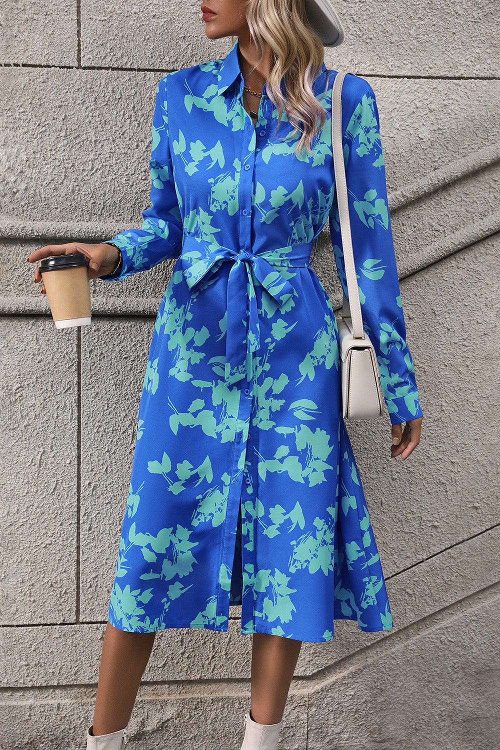 Printed Button Up Tie Waist Dress 