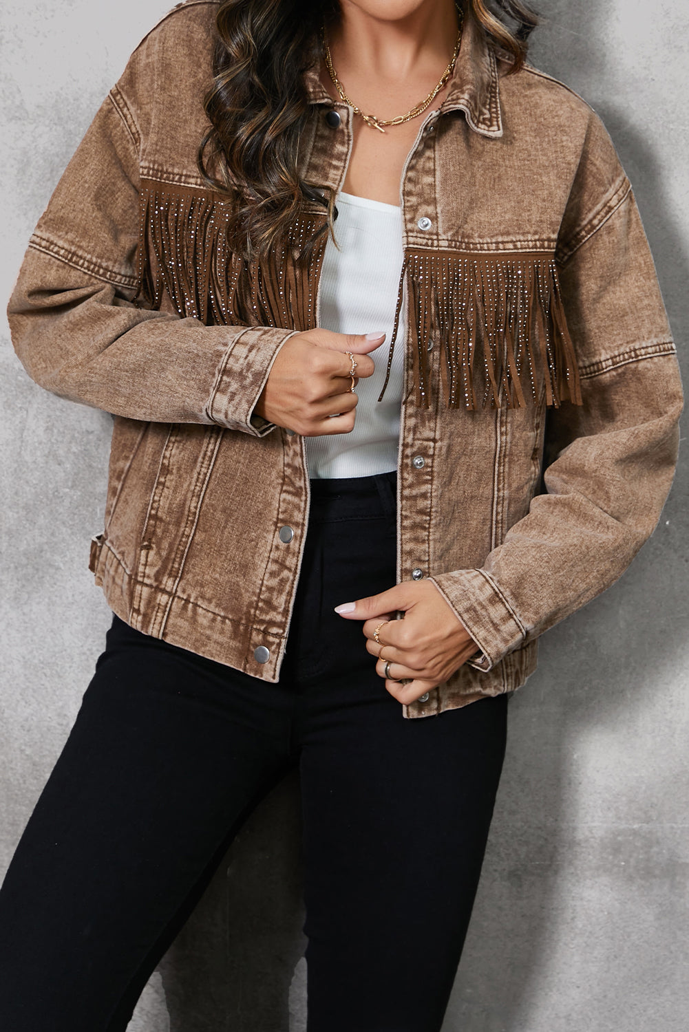 Fringe Trim Snap Down Denim Jacket 