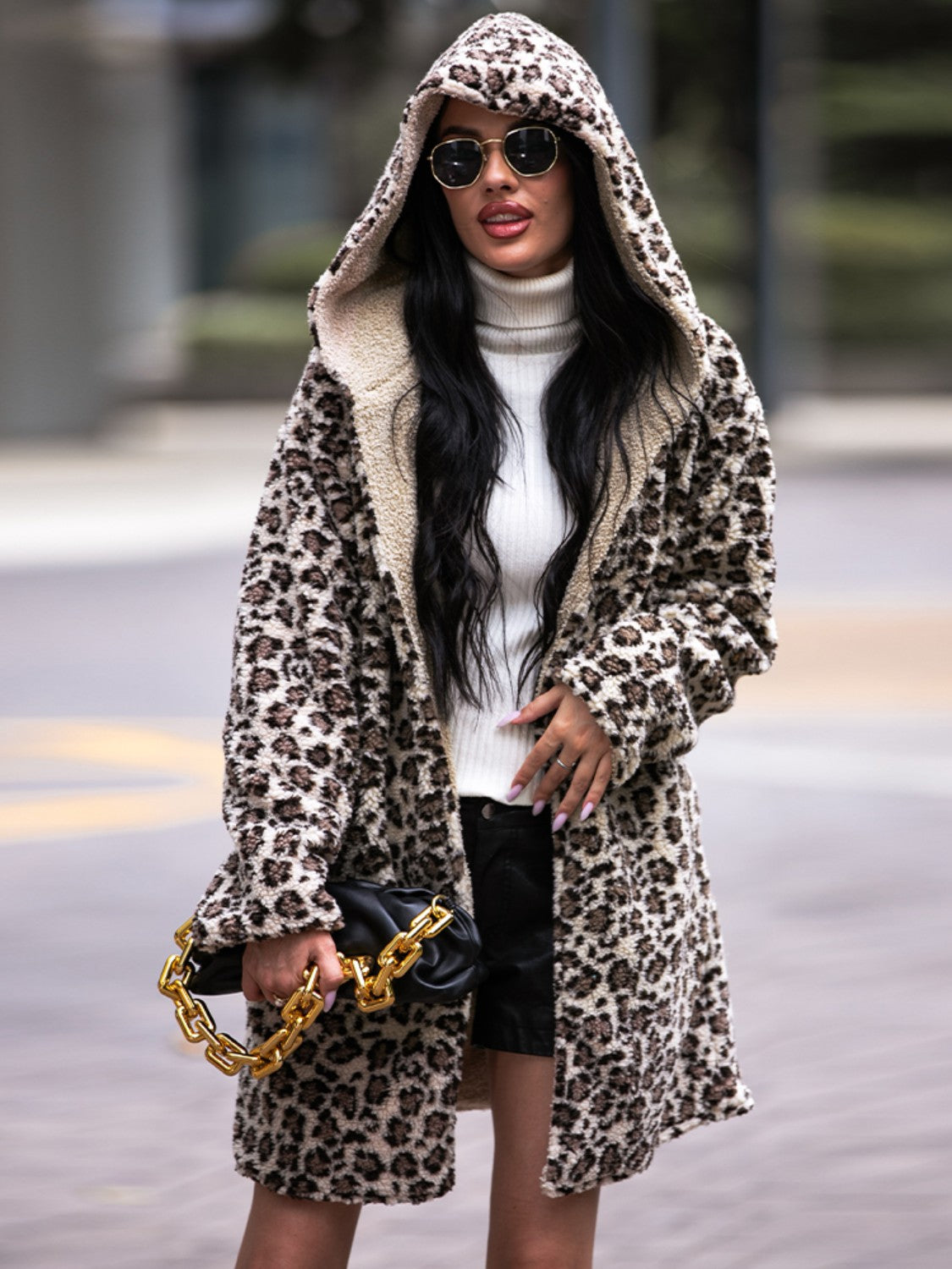 Leopard Hooded Coat with Pockets 