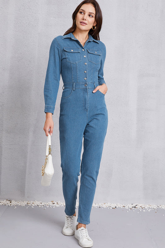 Snap Down Denim Jumpsuit with Pockets 