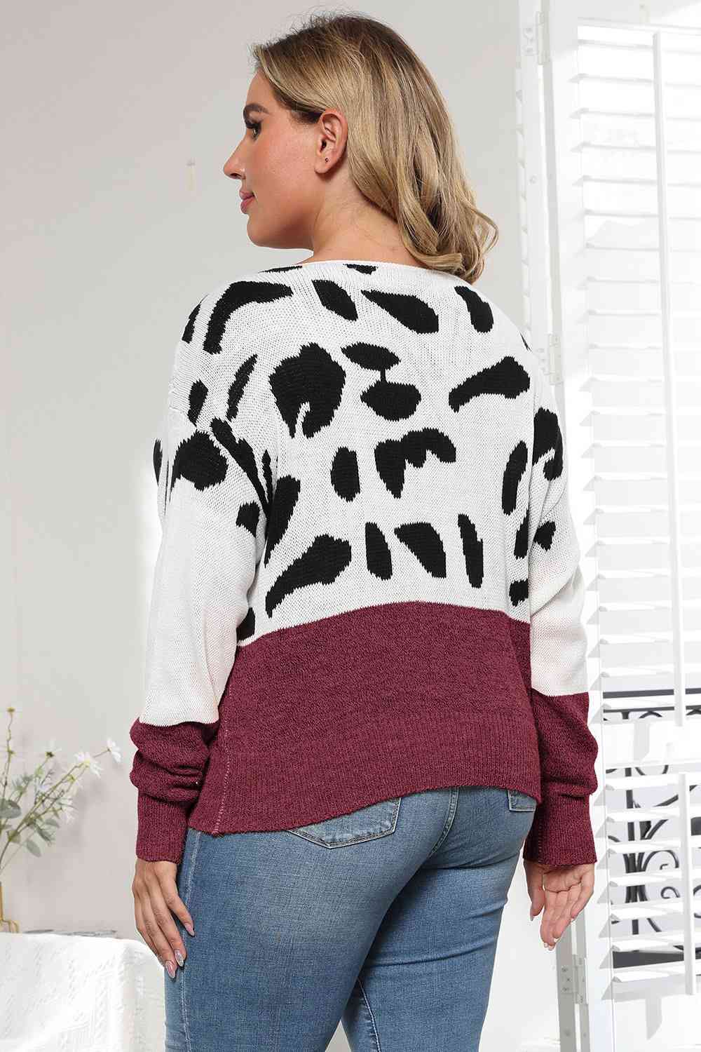 Plus Size Leopard Round Neck Long Sleeve Sweater