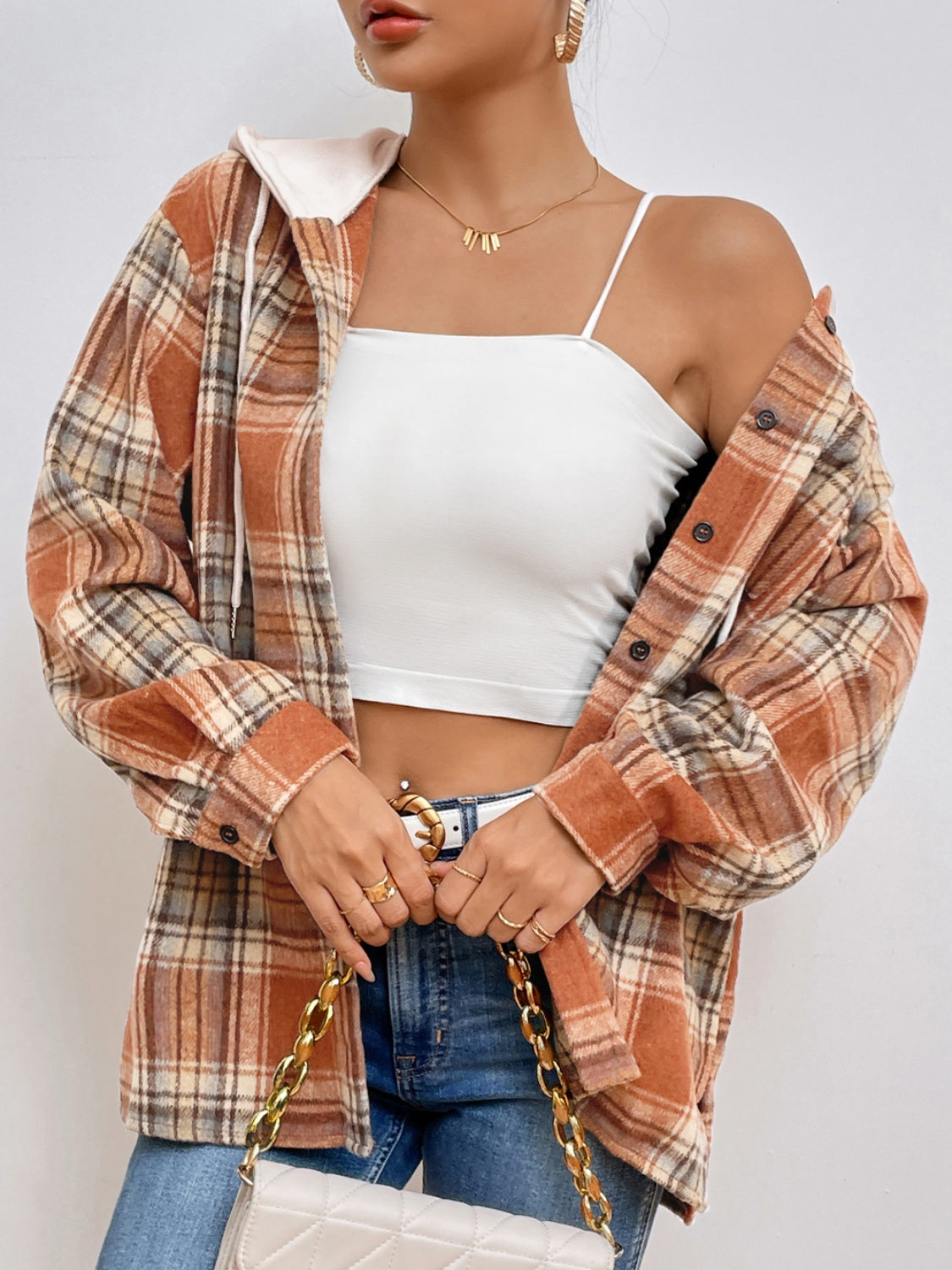 Plaid Button Up Drawstring Hooded Jacket 