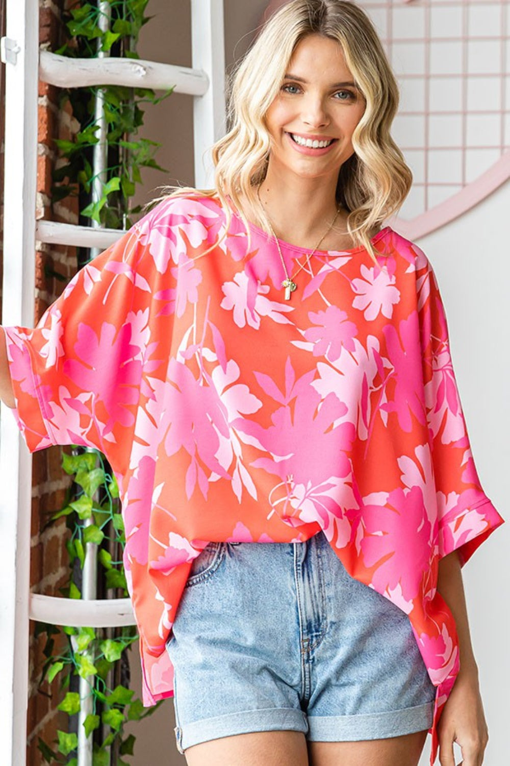 First Love Slit Printed Round Neck Half Sleeve Blouse 