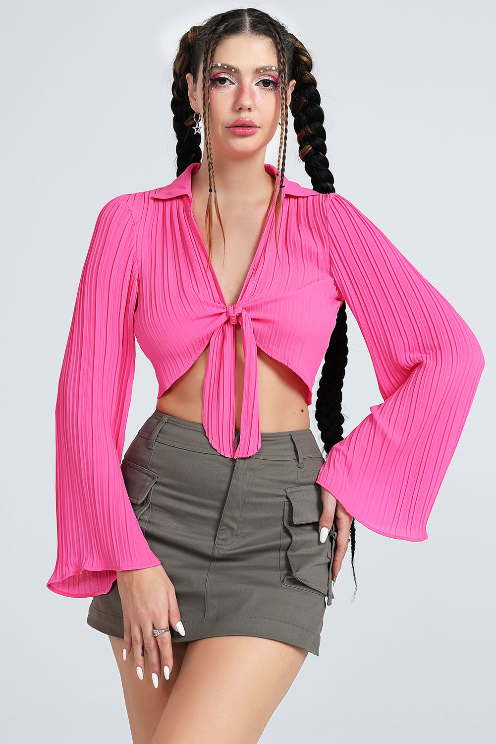 Tie Front Johnny Collar Flare Sleeve Cropped Top 