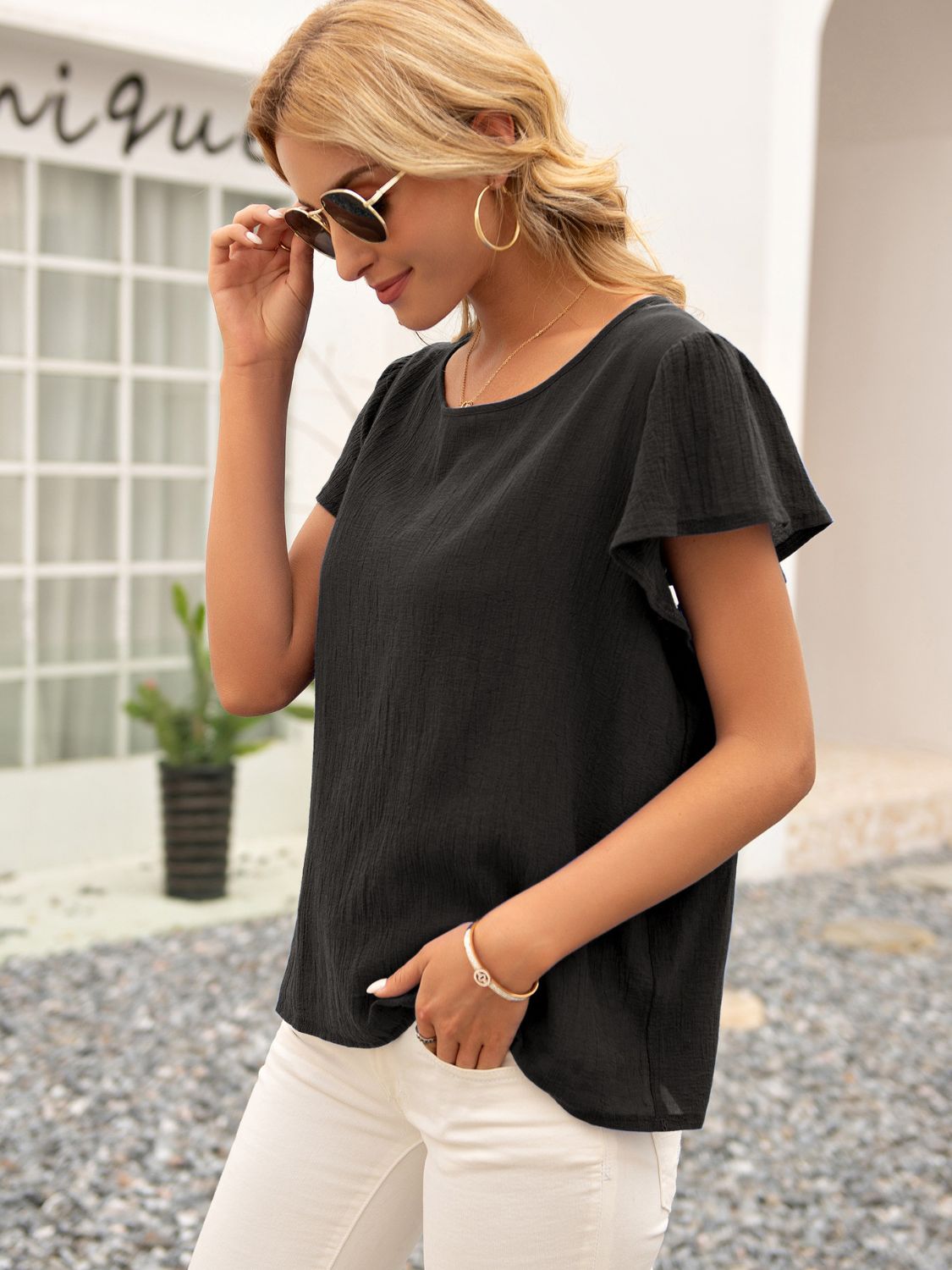 Round Neck Cutout Tie Back Top 