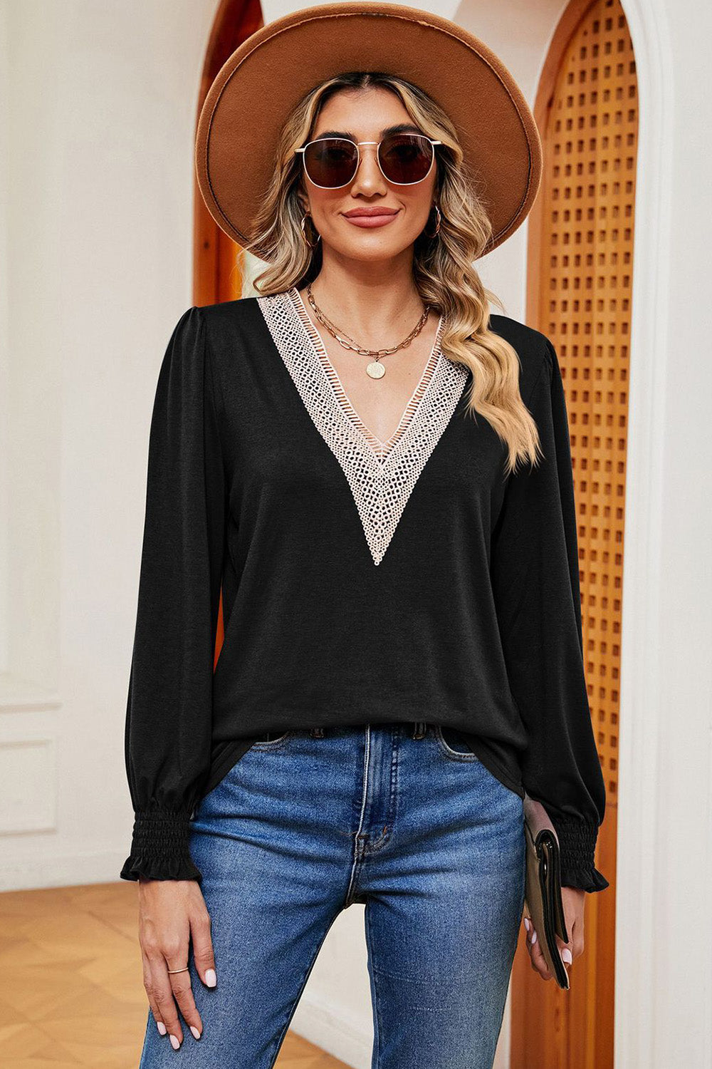 Lace Detail V-Neck Lantern Sleeve T-Shirt 