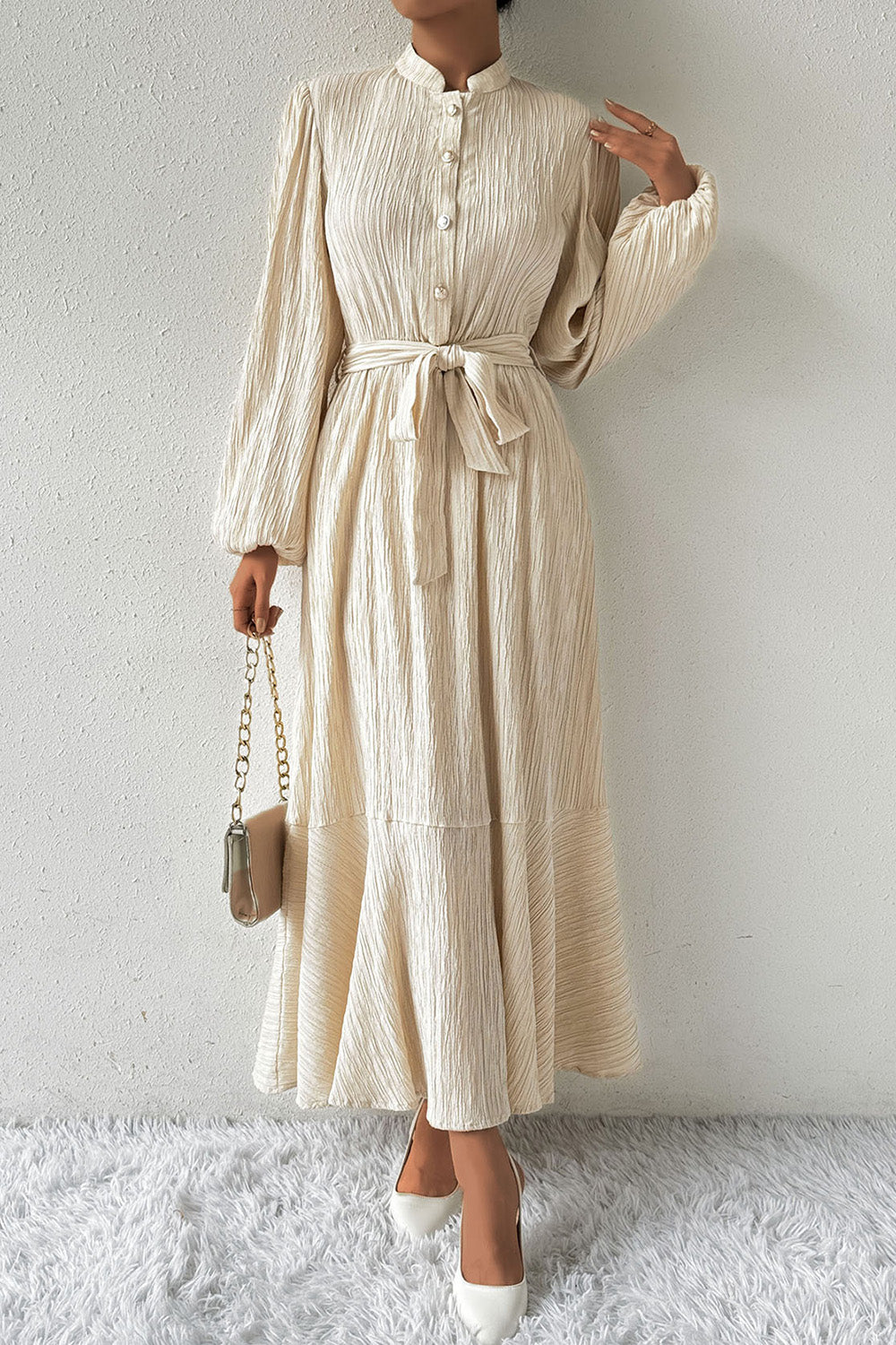 Tied Button Up Balloon Sleeve Dress 