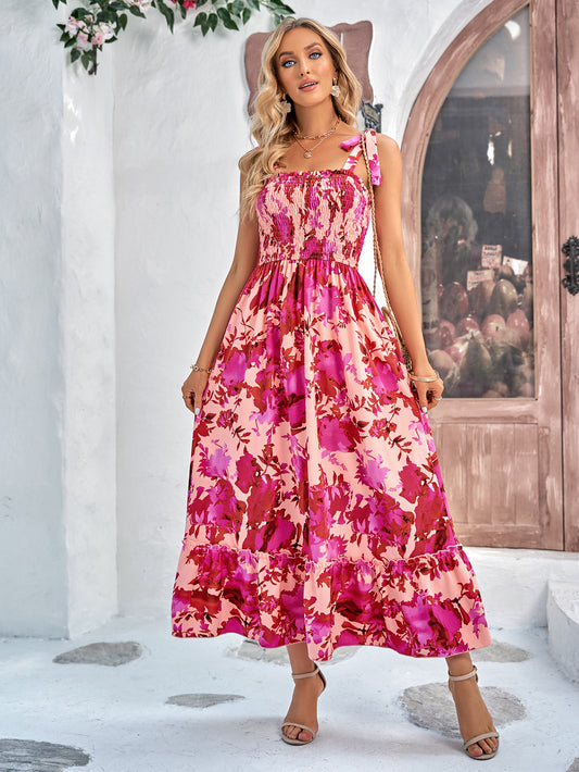 Floral Tie-Shoulder Frill Trim Smocked Dress - Babbazon Maxi Dress