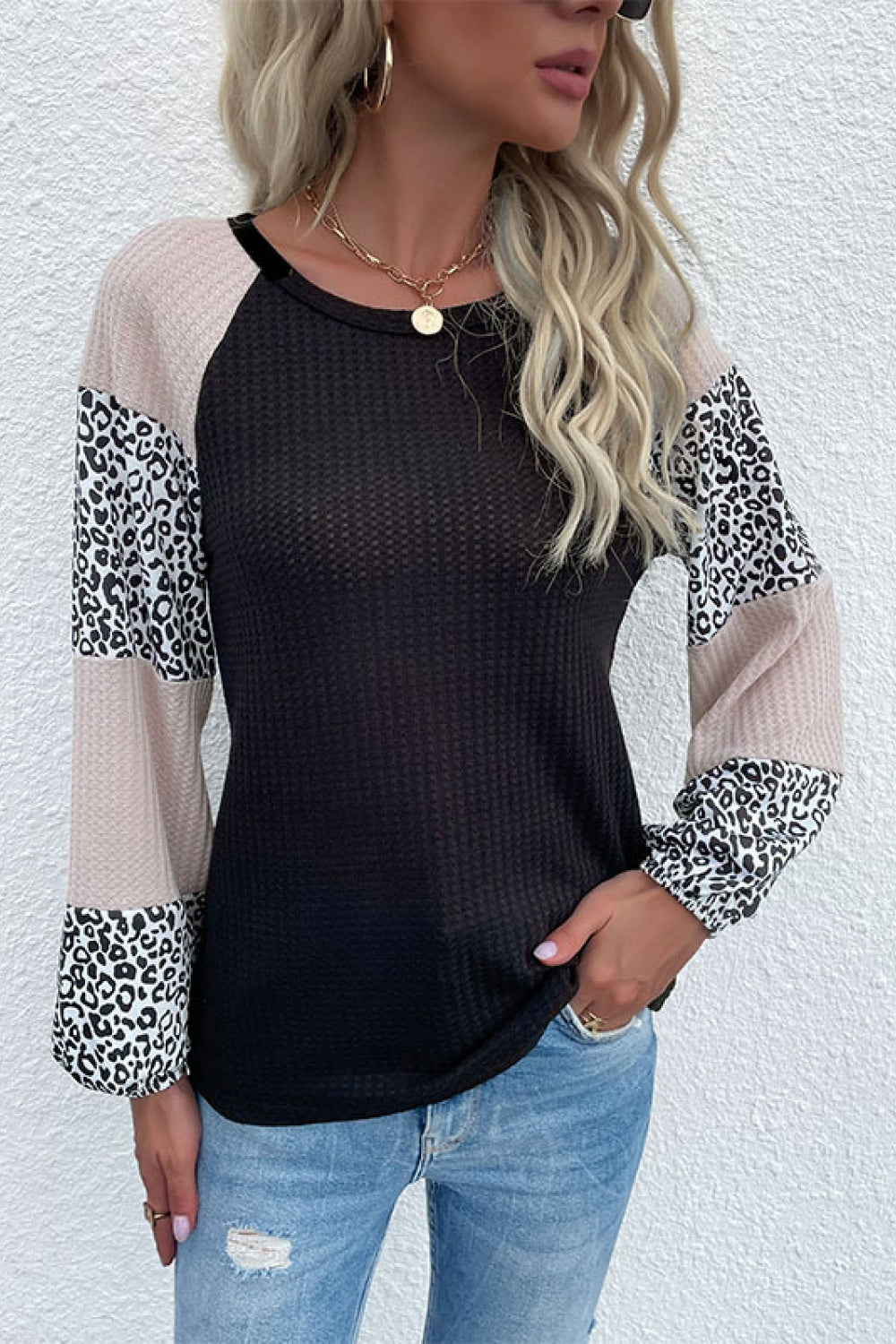 Contrast Leopard Print Waffle Knit Tee 