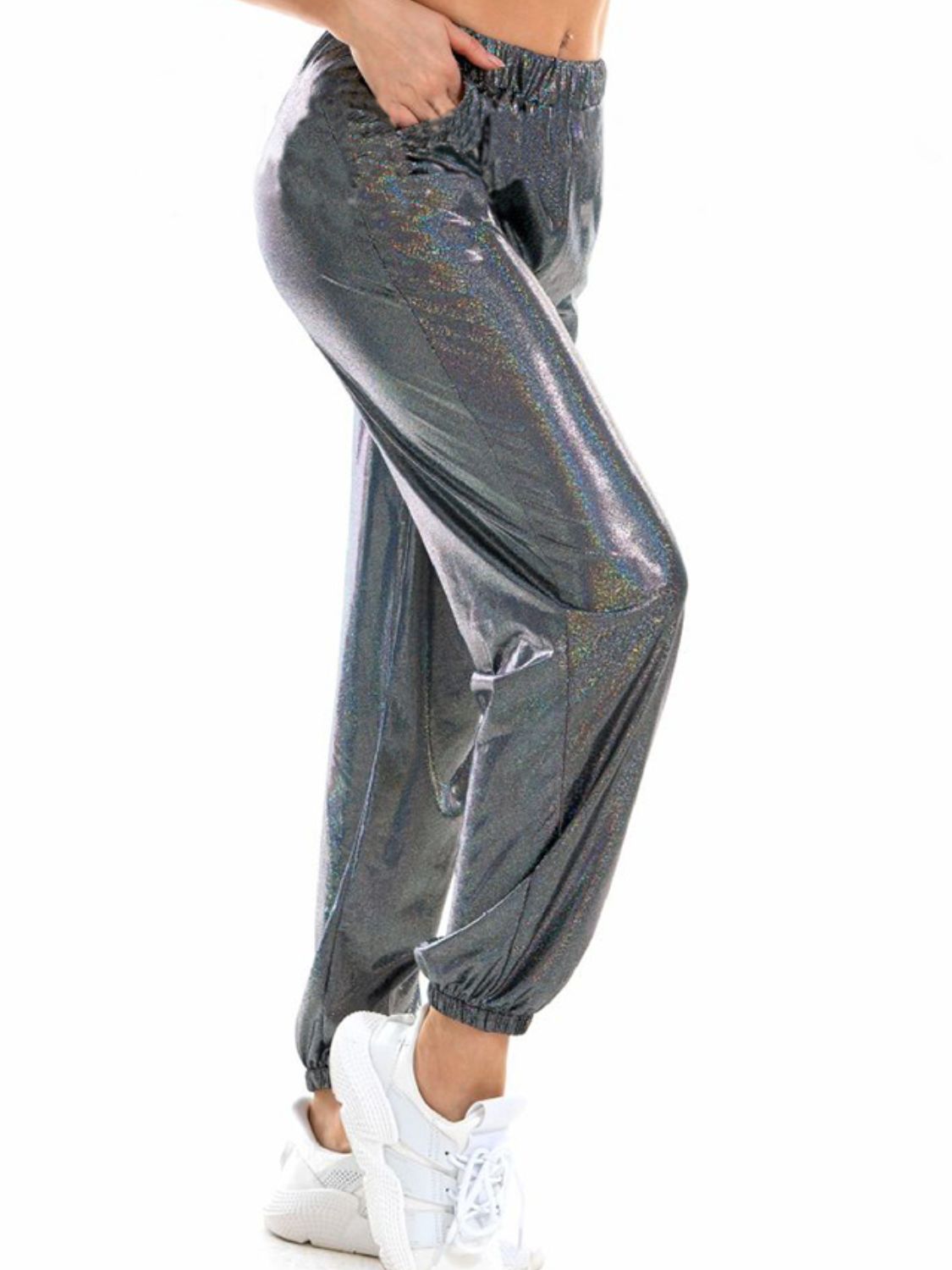 Glitter Elastic Waist Pants with Pockets 