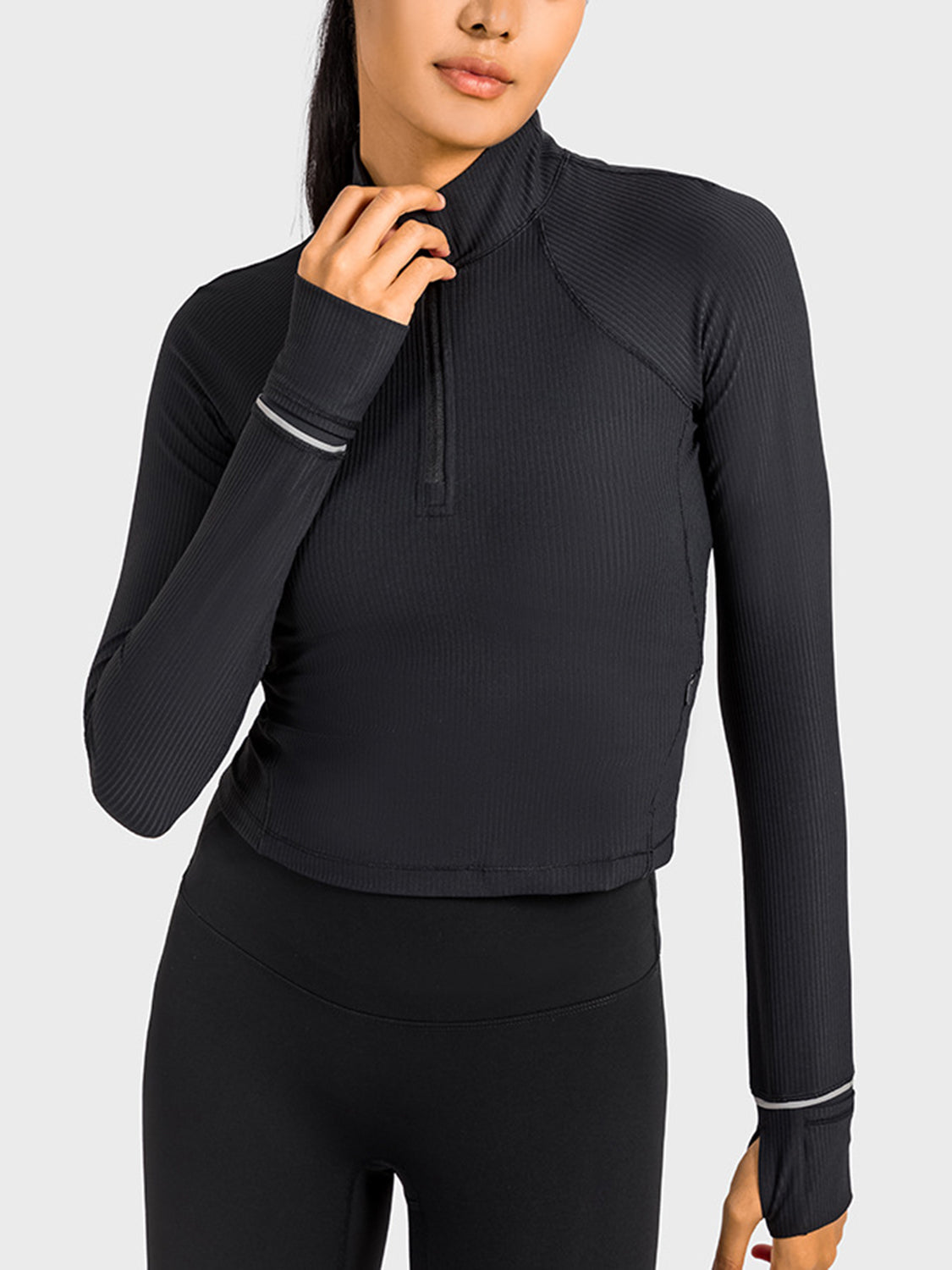 Mock Neck Half Zip Long Sleeve Sport Top - Babbazon Tops