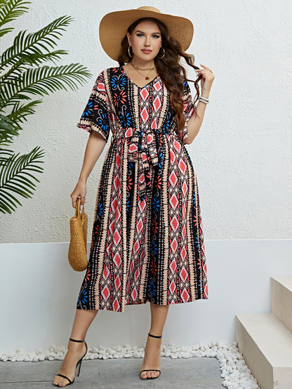 Plus Size Bohemian V-Neck Tie Belt Midi Dress 