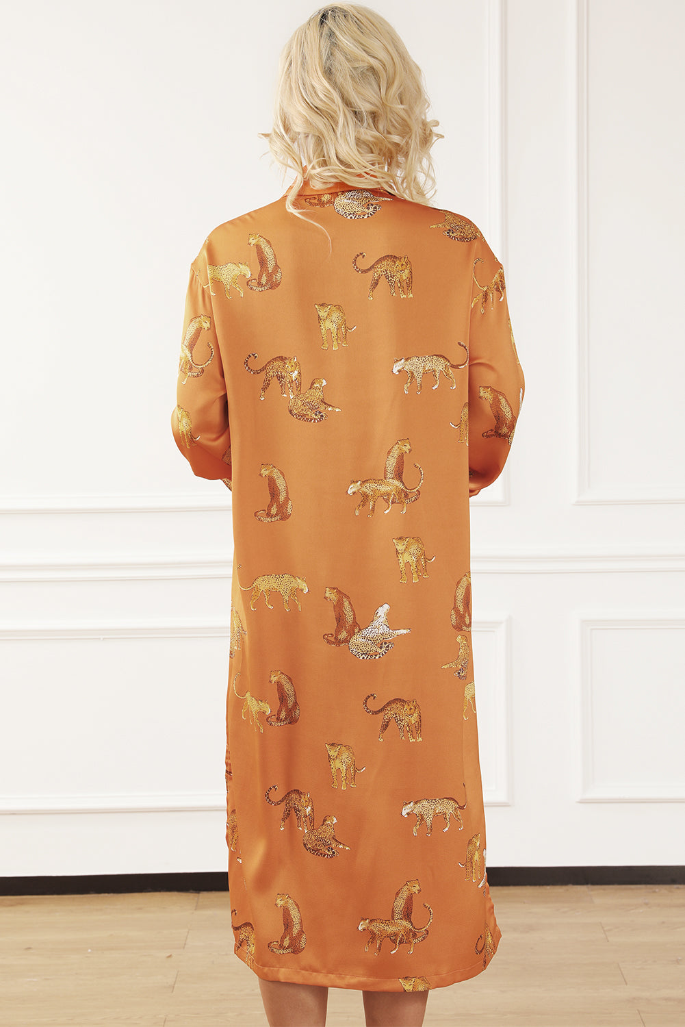 Animal Pattern Long Sleeve Slit Shirt Dress 