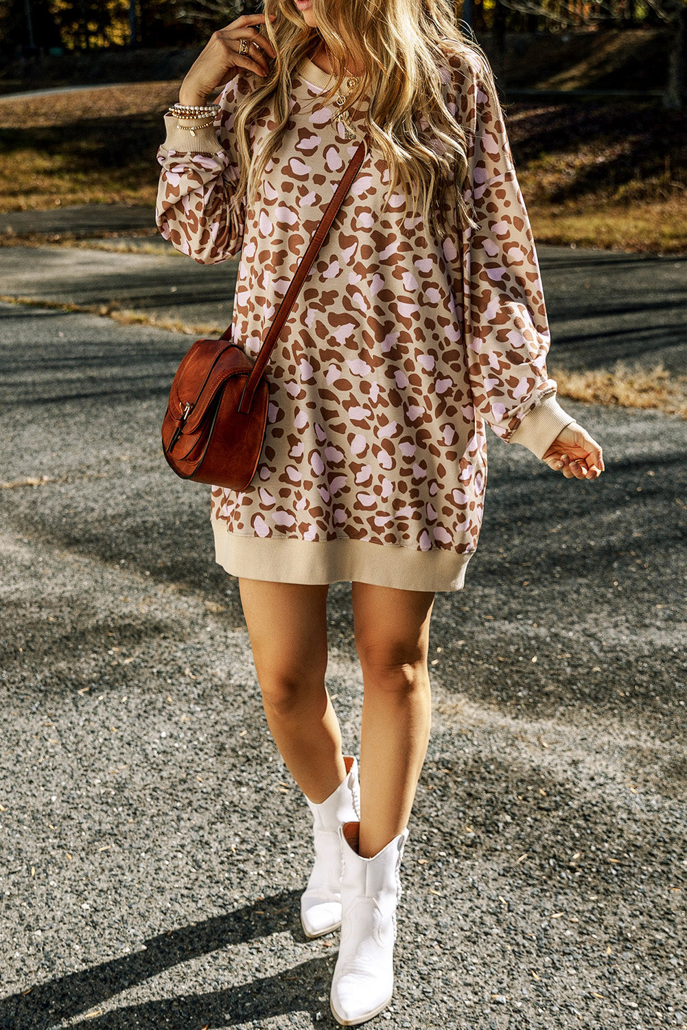 Leopard Round Neck Long Sleeve Dress 