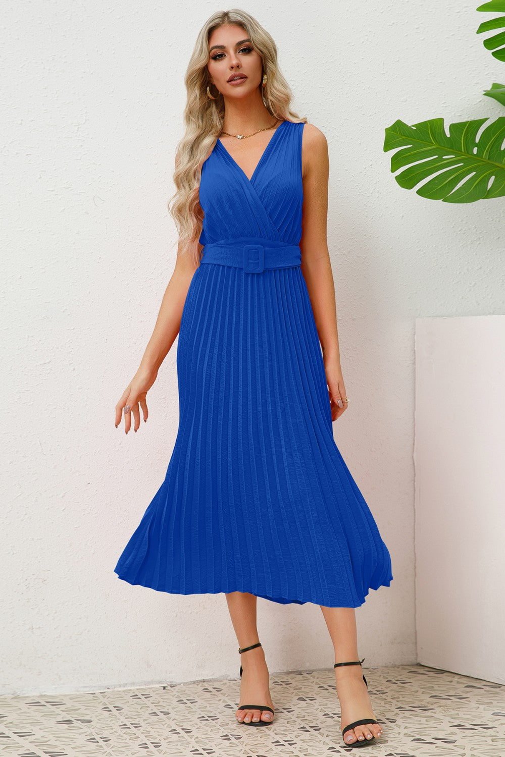 Surplice Sleeveless Midi Pleated Dress - Babbazon Midi Dress