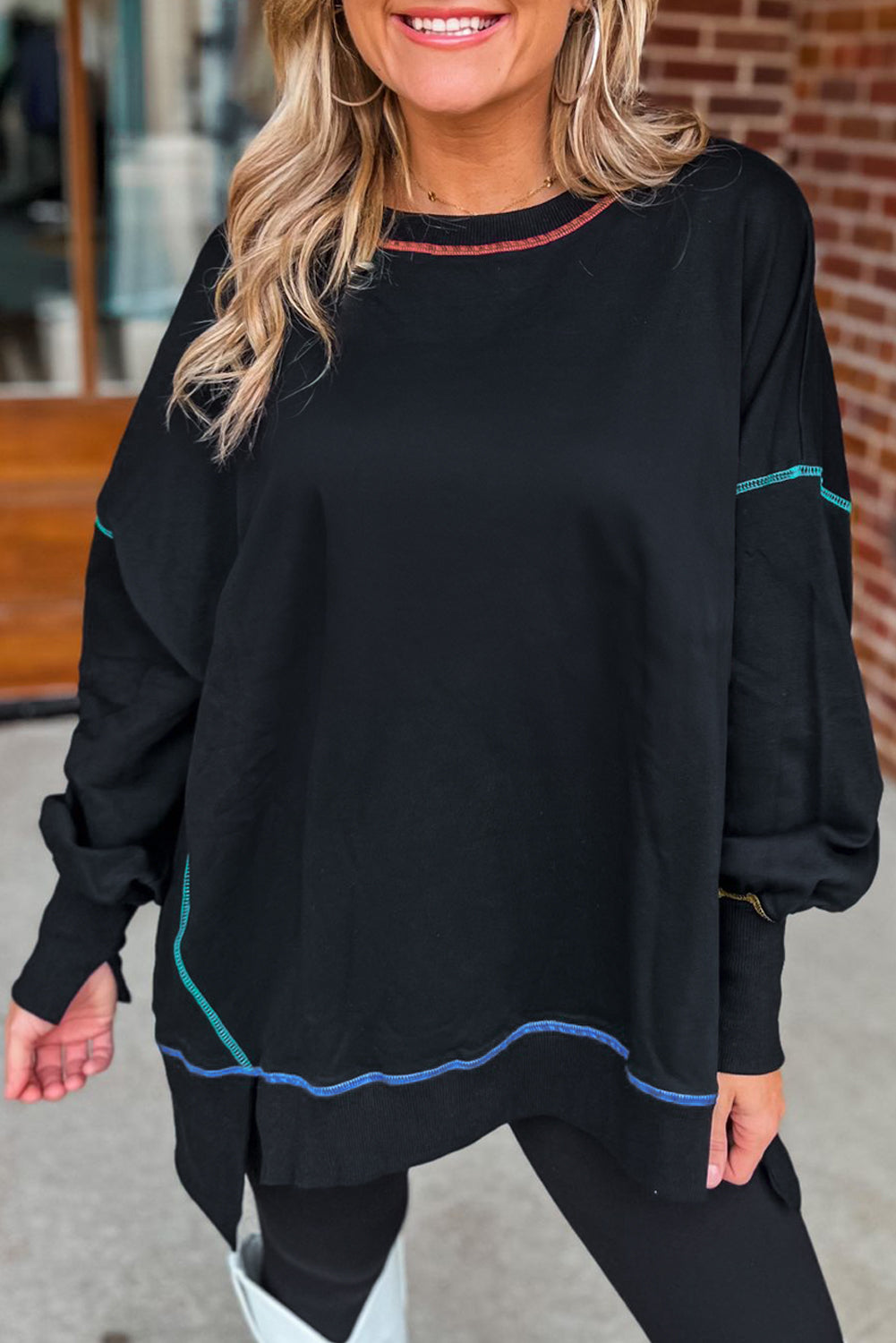 Slit Round Neck Lantern Sleeve Sweatshirt - Babbazon sweatshirt