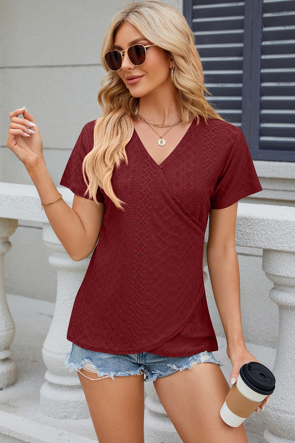 Eyelet Surplice Short Sleeve T-Shirt 