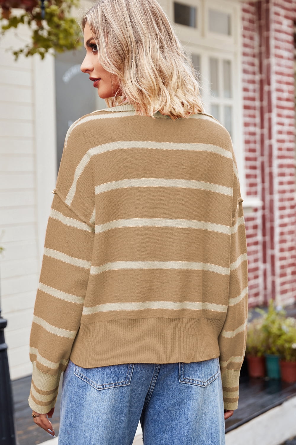 Striped Dropped Shoulder Notched Neck Knit Top 