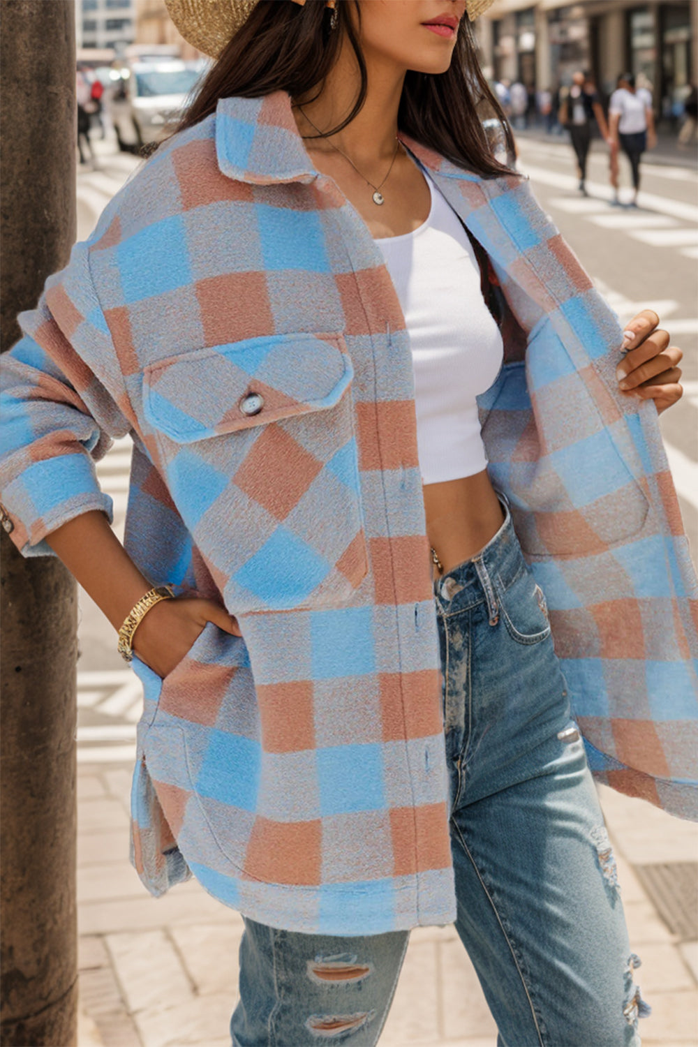 Plaid Button Up Dropped Shoulder Jacket 