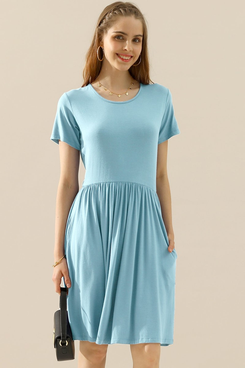 Ninexis Full Size Round Neck Ruched Dress with Pockets - Babbazon Dress